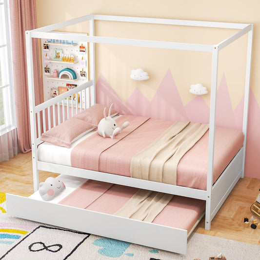 Full Size Canopy Bed with Trundle Wooden Platform Bed Frame Headboard-White - Tampa Home & Garden Store
