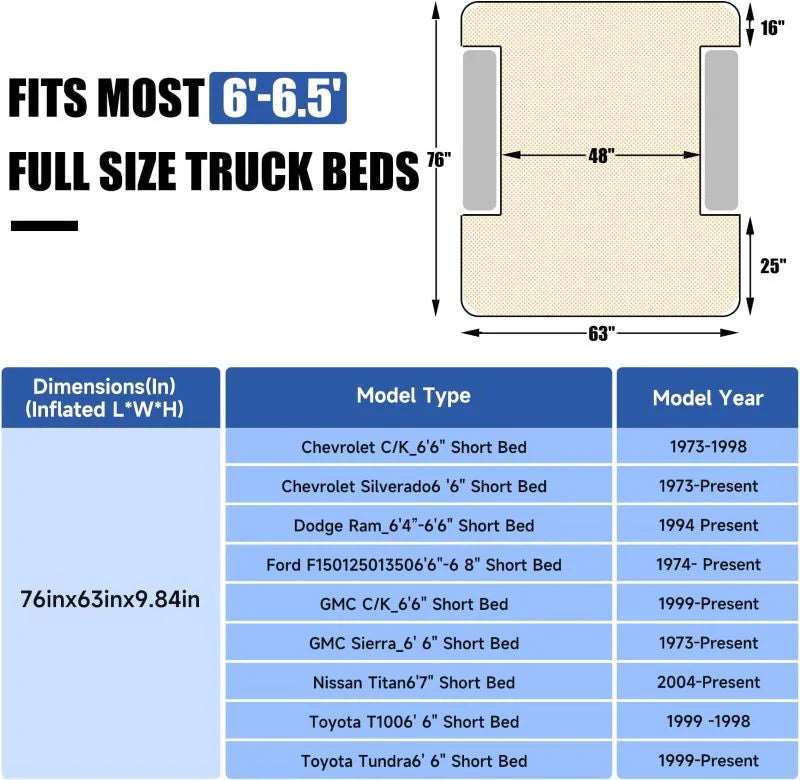 Umbrauto truck bed air mattress built-in pump beige and gray side panels fits most 6'6.5' beds on Tampa Home & Garden Store