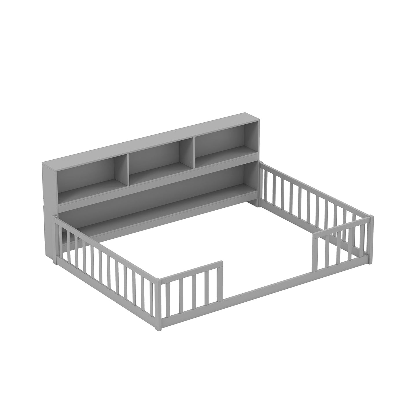 Cama Montessori de piso tamaño completo con estantería - Gris