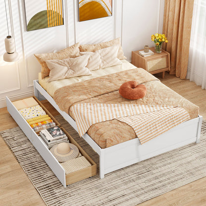 Full Size Wooden Bed Frame with 2 Rolling Storage Drawers-White
