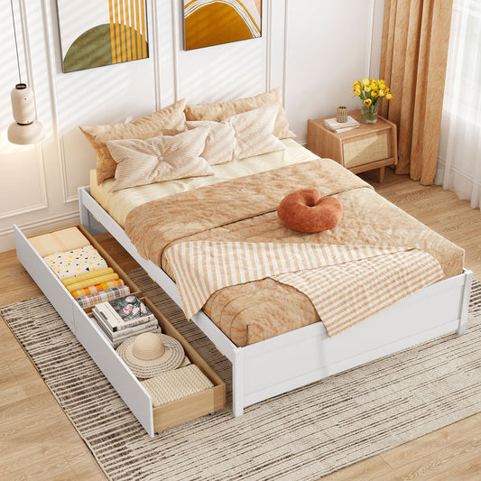 Full Size Wooden Bed Frame with 2 Rolling Storage Drawers-White - Tampa Home & Garden Store