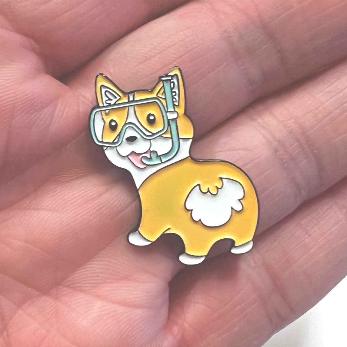 Fun Corgi enamel pin with diving goggles, yellow and white dog brooch by Shaketea for bags on Tampa Home & Garden Store