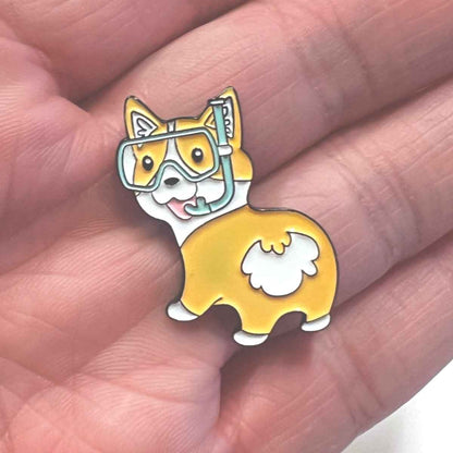 Fun Corgi enamel pin with diving goggles, yellow and white dog brooch by Shaketea for bags on Tampa Home & Garden Store