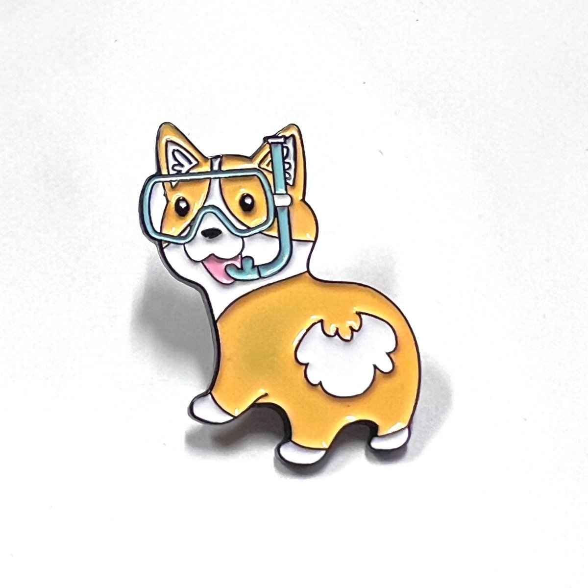 Corgi enamel pin with diving goggles by Shaketea, orange dog brooch for bags and hats on Tampa Home & Garden Store