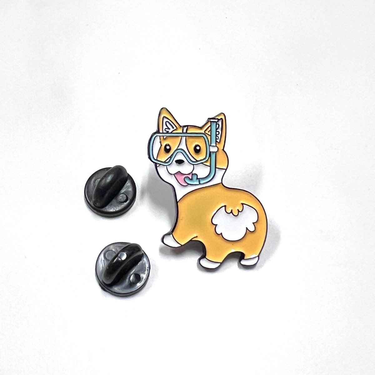 Fun Corgi enamel pin with diving goggles, orange/white dog brooch by Shaketea on Tampa Home & Garden Store