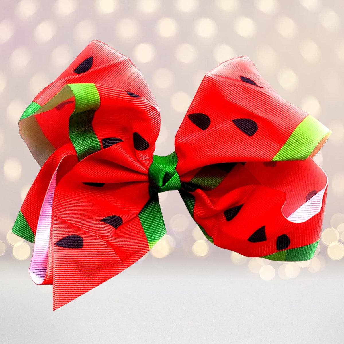Watermelon hair bows duo, red grosgrain ribbons with black seed pattern and green edges on Tampa Home & Garden Store