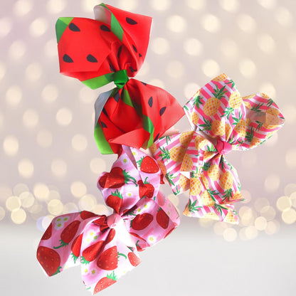 Fun Fruit Hair Bows pair: watermelon red bow and pineapple pink bow by Chicky Chicky Bling Bling on Tampa Home & Garden Store