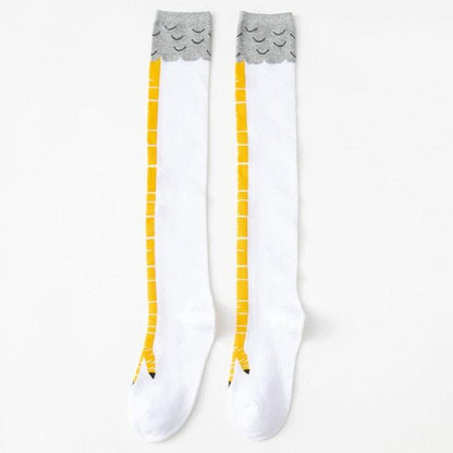 Stevvex funny chicken knee socks white cotton over-knee yellow stripe grey cuff 2-pair on Tampa Home & Garden Store