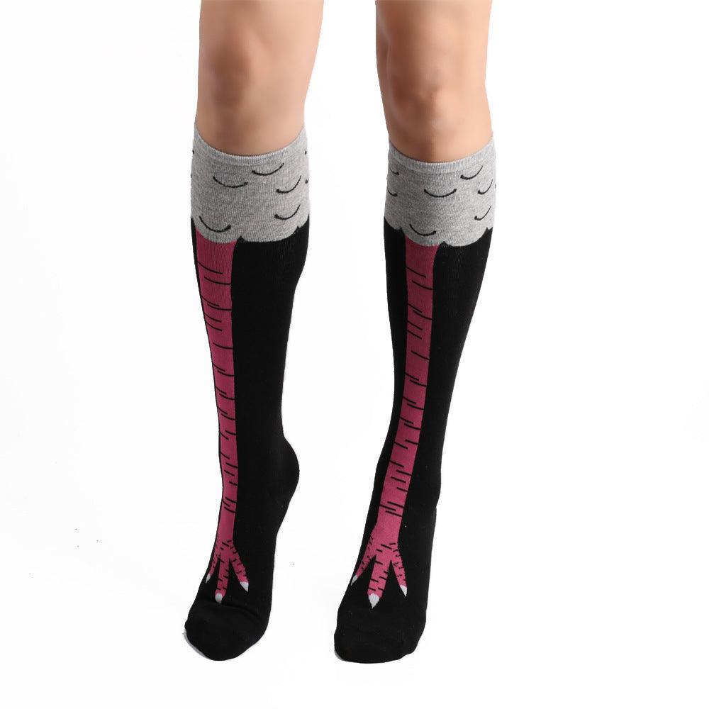 Stevvex Funny Chicken Long Socks pair black knee-high with pink chicken leg motif on Tampa Home & Garden Store