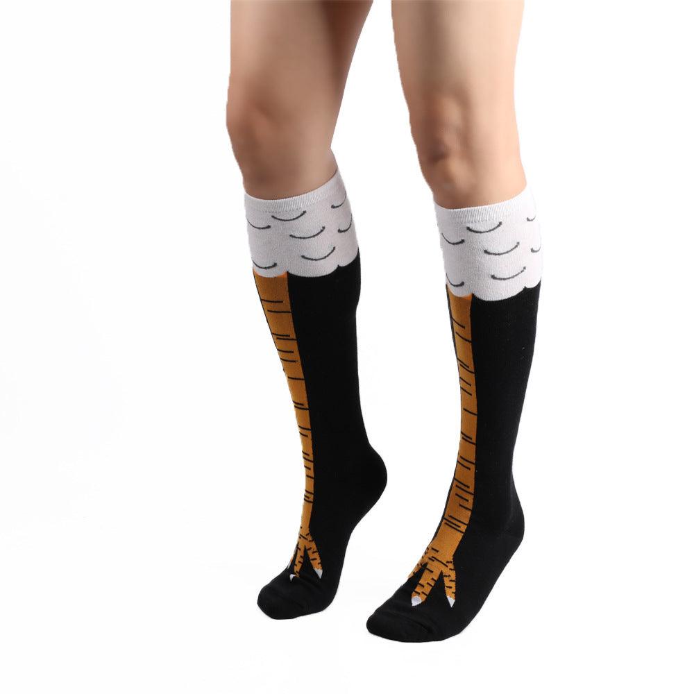 Stevvex funny chicken knee-high socks, black with orange leg print and white cuff, unisex on Tampa Home & Garden Store