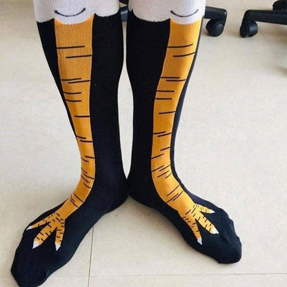 Stevvex funny chicken-leg knee socks pair in black with orange print, unisex over-the-knee on Tampa Home & Garden Store