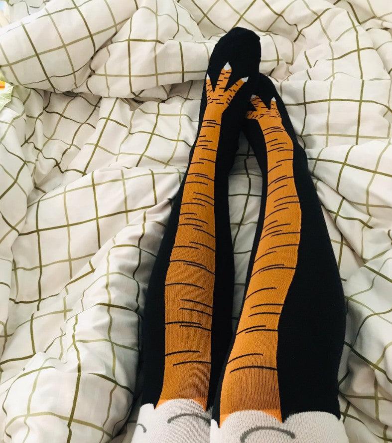 Funny chicken long socks orange leg design on black knee-highs by Stevvex ST12373AYX on Tampa Home & Garden Store