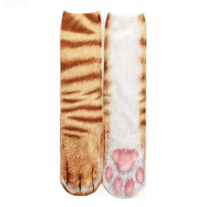 Stevvex funny chicken knee socks, cotton, tan tiger stripe and white with pink paw sole, pair on Tampa Home & Garden Store