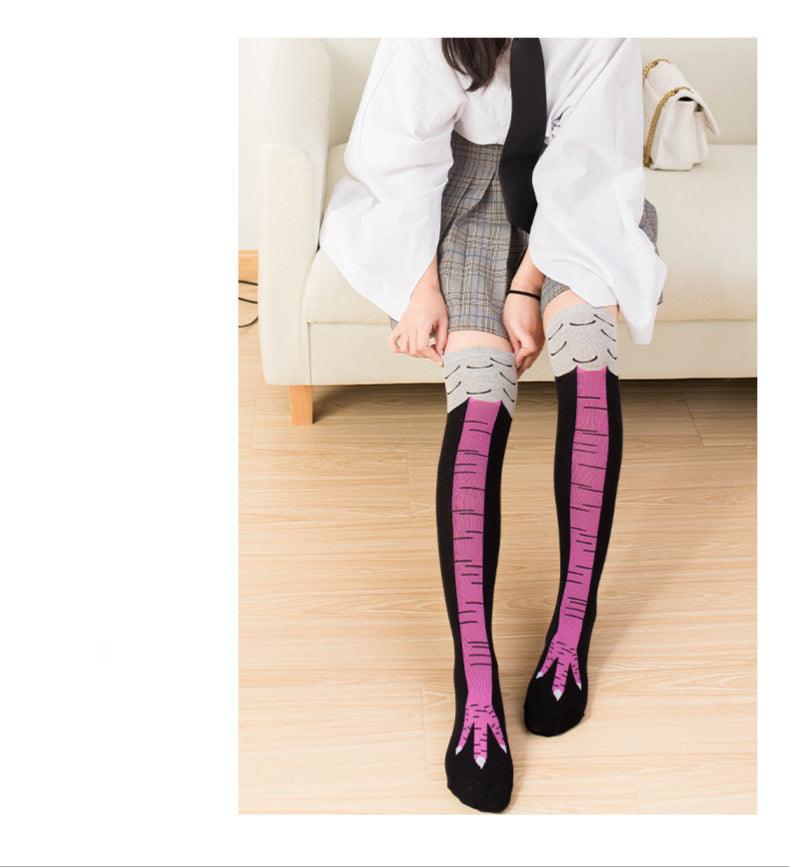 Funny Chicken Long Socks pair knee-high socks with purple chicken leg panels by Stevvex on Tampa Home & Garden Store