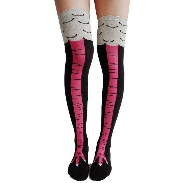 Funny Chicken Long Socks knee-high design, cotton, pink bone pattern, Stevvex unisex on Tampa Home & Garden Store