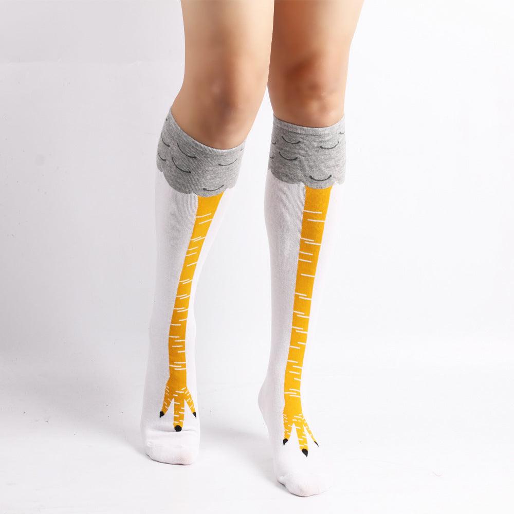 Stevvex funny chicken leg thigh-high socks, white with yellow leg design and gray cuff, unisex on Tampa Home & Garden Store