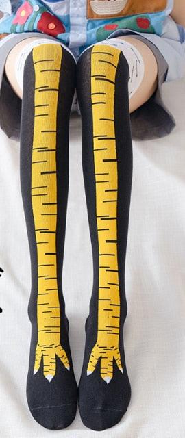 Stevvex funny chicken knee-high socks pair black with yellow leg pattern cotton unisex on Tampa Home & Garden Store