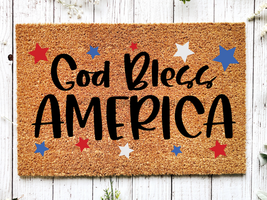 "God Bless America Doormat" 4th of July Doormat Red/White/Blue Stars