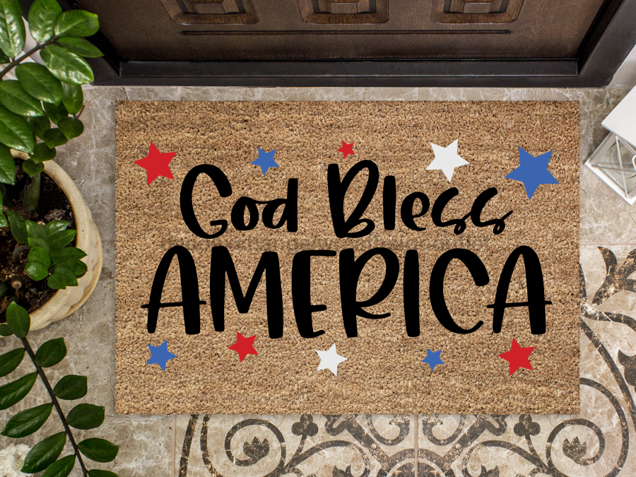 "God Bless America Doormat" 4th of July Doormat Red/White/Blue Stars