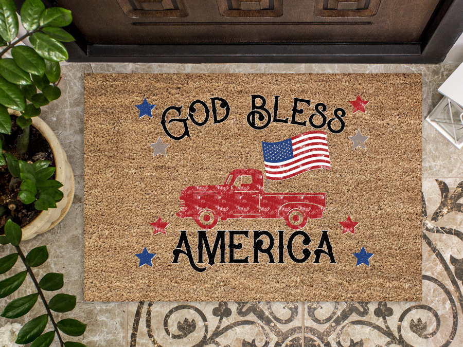 "God Bless America" Doormat Vintage Truck, Flag, R/W/B Stars July 4th