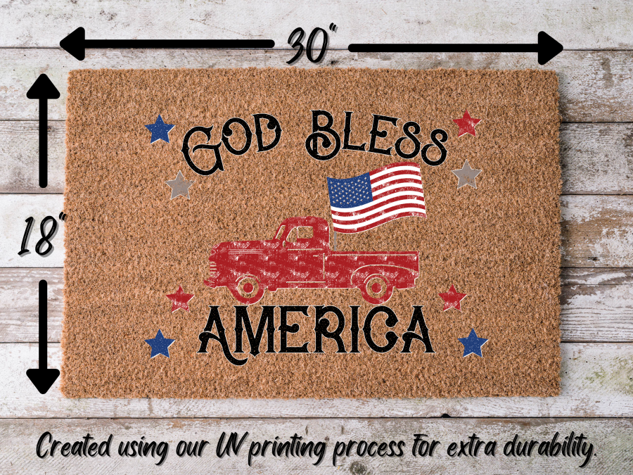 "God Bless America" Doormat Vintage Truck, Flag, R/W/B Stars July 4th