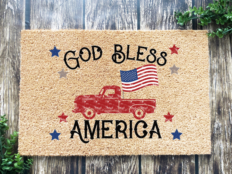 "God Bless America" Doormat Vintage Truck, Flag, R/W/B Stars July 4th