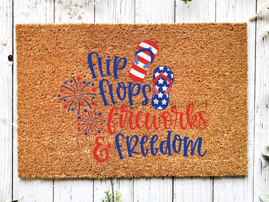 Funny Doormat, Coir Doormat, Welcome Mat, Housewarming Gift, July 4th Doormat, Front Door Doormat, Flipflops, Fireworks, and Freedom Doormat, New Homeowner Gift DECOE-CM-117