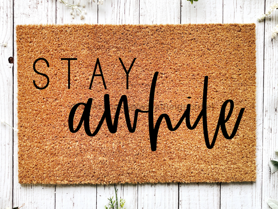 Funny Doormat, Coir Doormat, Welcome Mat, Housewarming Gift, Welcome Doormat, Stay Awhile Front Door Doormat, Welcome Doormat, New Homeowner Gift DECOE-CM-107