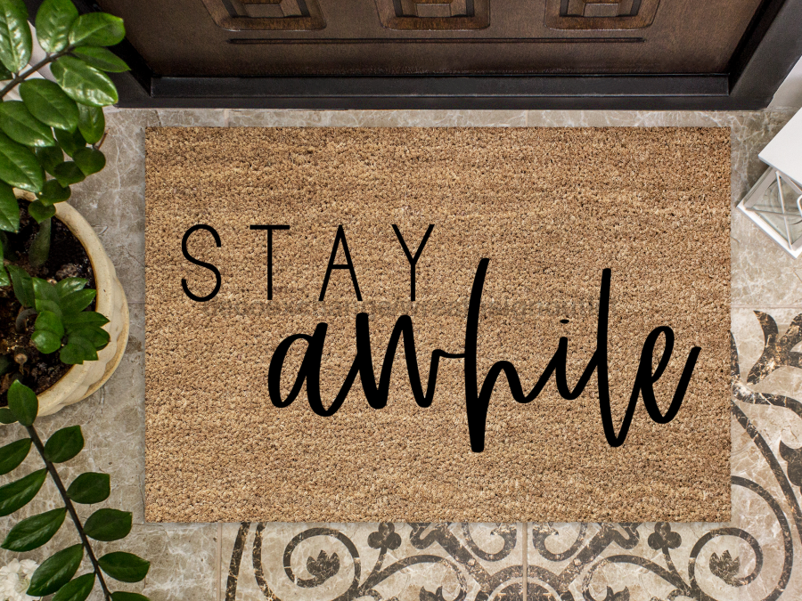 Funny Doormat, Coir Doormat, Welcome Mat, Housewarming Gift, Welcome Doormat, Stay Awhile Front Door Doormat, Welcome Doormat, New Homeowner Gift DECOE-CM-107