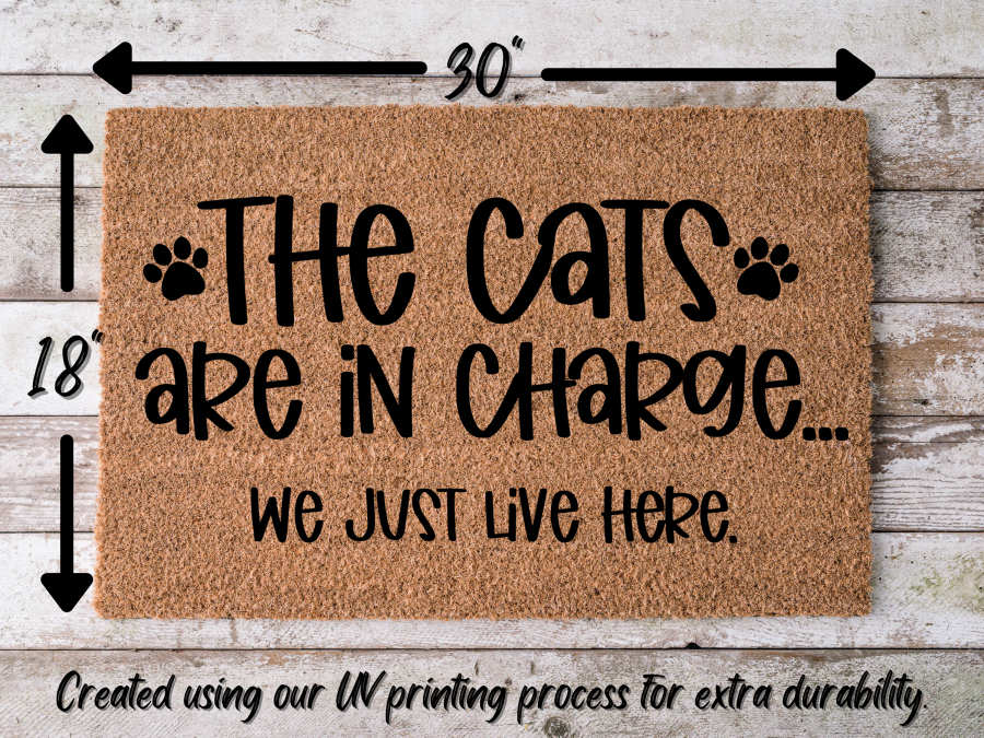 Funny Doormat, Coir Doormat, Welcome Mat, Housewarming Gift, The Cats Are in Charge, We Just Live Here Welcome Doormat, Cats Front Door Doormat, Welcome Doormat, New Homeowner Gift DECOE-CM-093