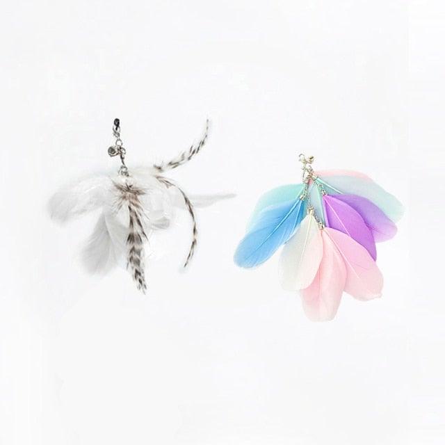 Stevvex 2-piece cat wand toy set with feathers and bell; white striped feather teaser and pastel multifeather cluster on Tampa Home & Garden Store