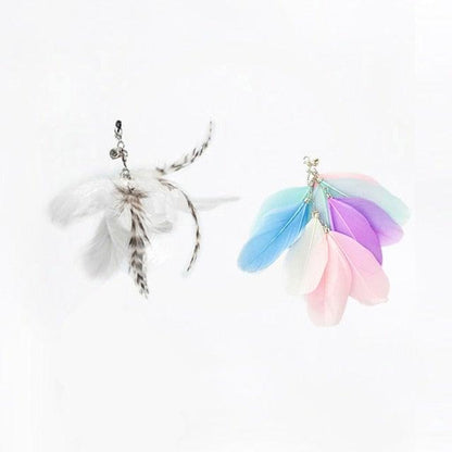 Stevvex 2-piece cat wand toy set with feathers and bell; white striped feather teaser and pastel multifeather cluster on Tampa Home & Garden Store