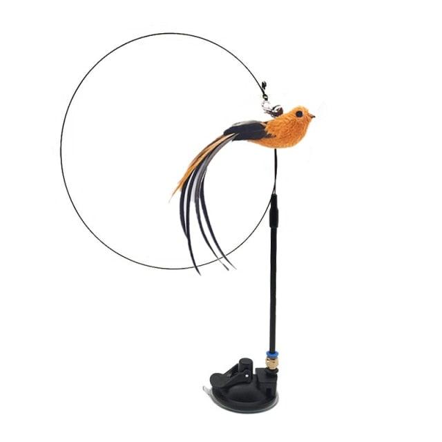 Cat teaser wand with orange feather bird, hanging tails, hoop ring, base stand on Tampa Home & Garden Store