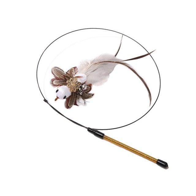 Stevvex cat teaser wand toy with plush bird, bell, feathers and circular hoop on Tampa Home & Garden Store