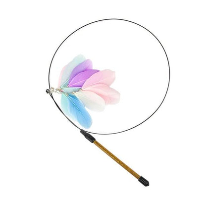 Stevvex cat wand teaser with colorful feather bouquet on a black loop and brown wand on Tampa Home & Garden Store