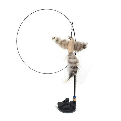 Cat teaser wand by Stevvex with feather bird, bell and plush tails on circular hoop stand on Tampa Home & Garden Store