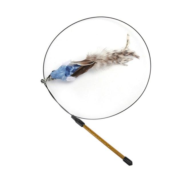 Feather bird cat teaser wand with bell and blue feather accents circular hoop design and wooden handle on Tampa Home & Garden Store
