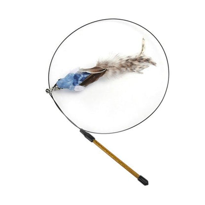 Feather bird cat teaser wand with bell and blue feather accents circular hoop design and wooden handle on Tampa Home & Garden Store