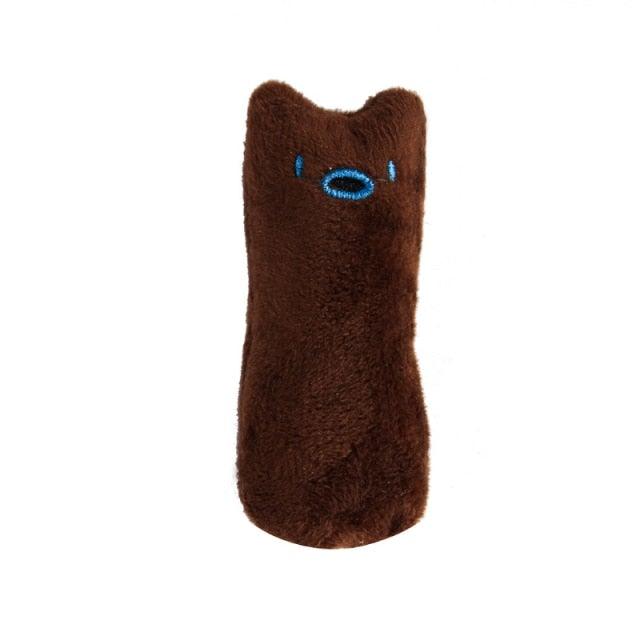 Stevvex brown plush cat chew toy, cylindrical design with blue embroidered face for chewing on Tampa Home & Garden Store