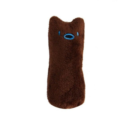 Stevvex brown plush cat chew toy, cylindrical design with blue embroidered face for chewing on Tampa Home & Garden Store