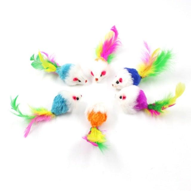 Stevvex cat toy mice set: white plush mice with rainbow tails for interactive chewing play on Tampa Home & Garden Store