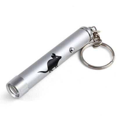 Stevvex silver LED laser pointer keychain with black mouse silhouette logo for indoor cats on Tampa Home & Garden Store
