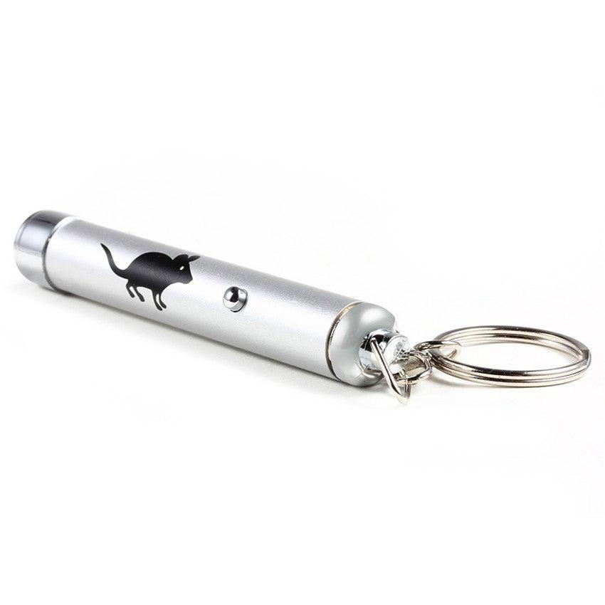 Stevvex silver LED laser cat toy keychain with black cat logo, long-range red dot pointer on Tampa Home & Garden Store