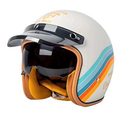 The Street King Vintage Open Face Helmet by BikerZoneZ white shell with teal orange stripes on Tampa Home & Garden Store
