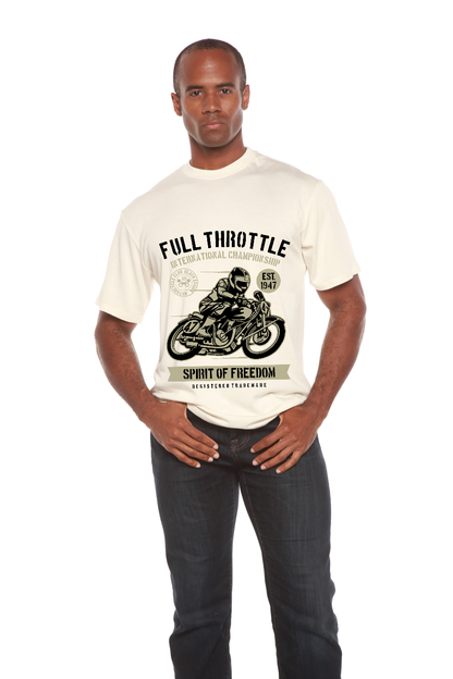 Fuul Throttle men's graphic T-shirt in cream with vintage motorcycle print by Spun Bamboo on Tampa Home & Garden Store