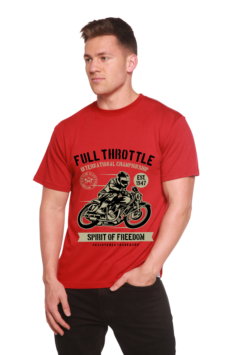 Fuul Throttle men's red T-shirt with motorcycle print, bamboo blend by Spun Bamboo on Tampa Home & Garden Store