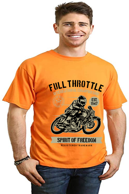 Fuul Throttle men's bamboo viscose organic cotton orange tee with motorcycle print by Spun Bamboo on Tampa Home & Garden Store