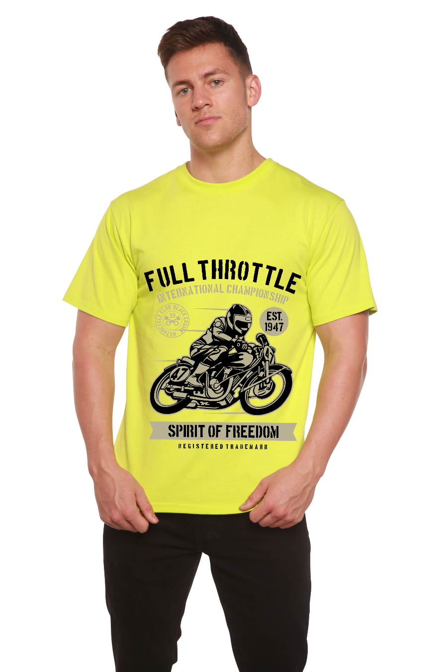 Fuul Throttle men's neon yellow tee by Spun Bamboo, bamboo viscose/organic cotton, motorcycle print on Tampa Home & Garden Store