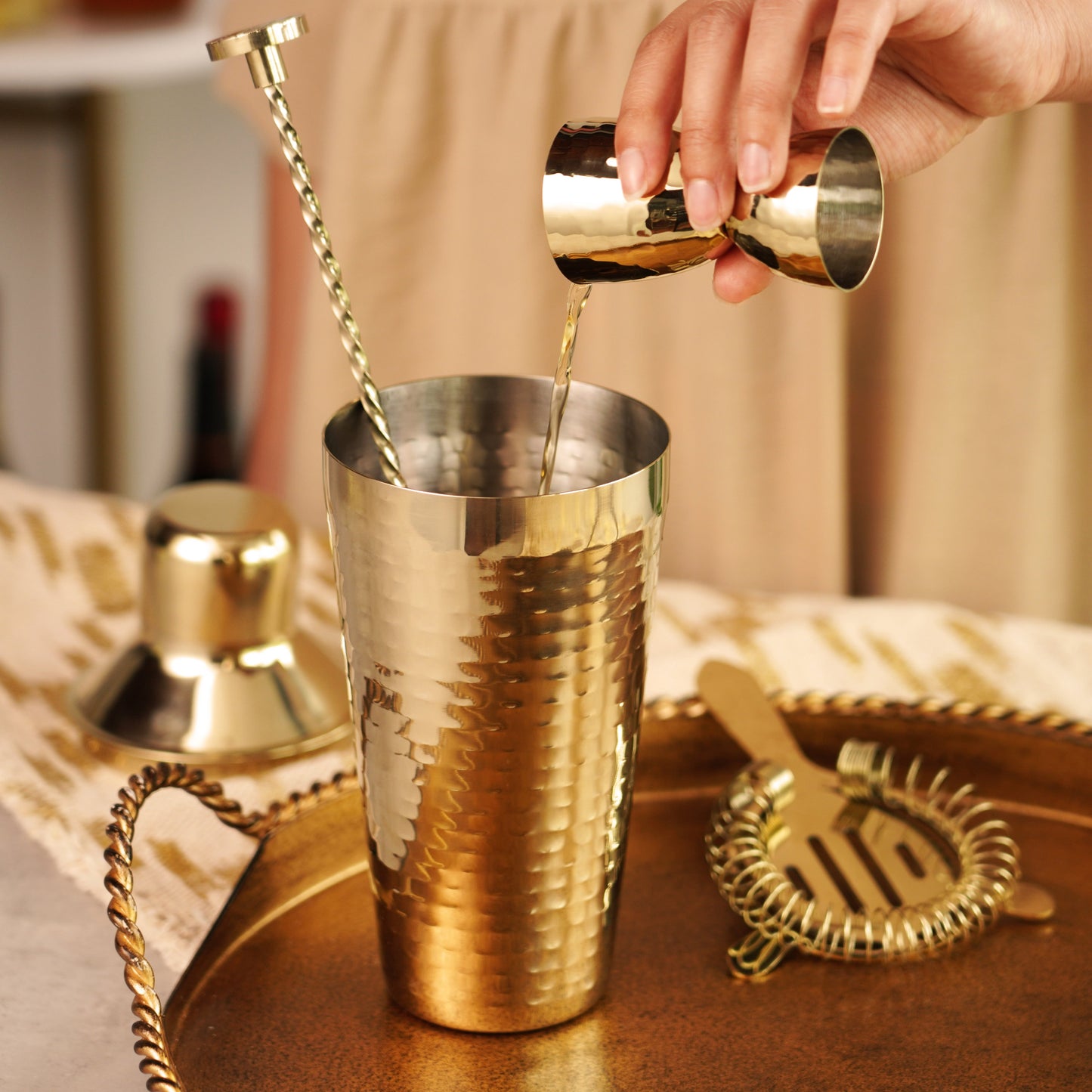 Stainless Steel Hammered Gold Barware Set