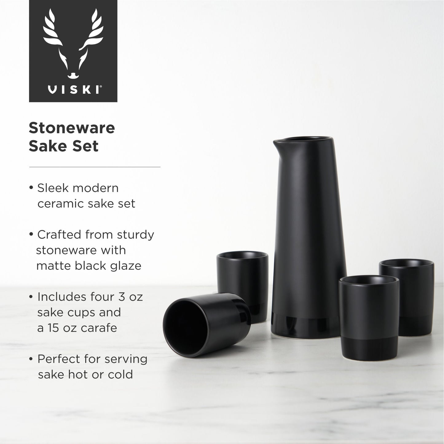 Four Black Stoneware Sake Tumblers and Carafe